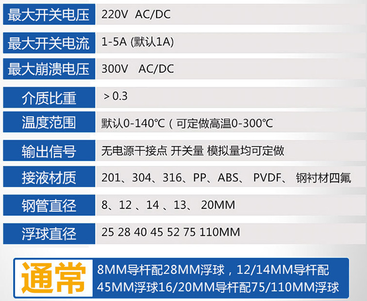 侧装式浮球液位计技术参数对照表