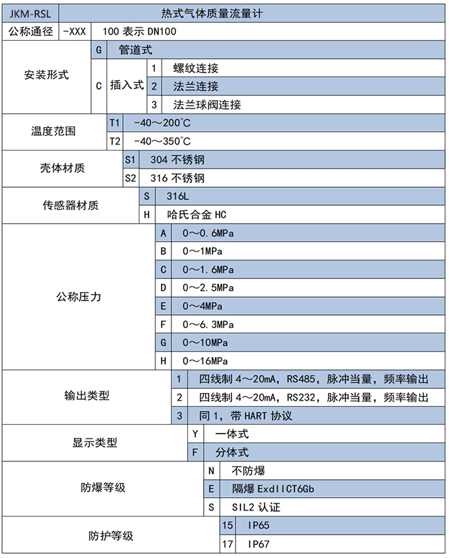 天然气热式气体质量流量计选项表
